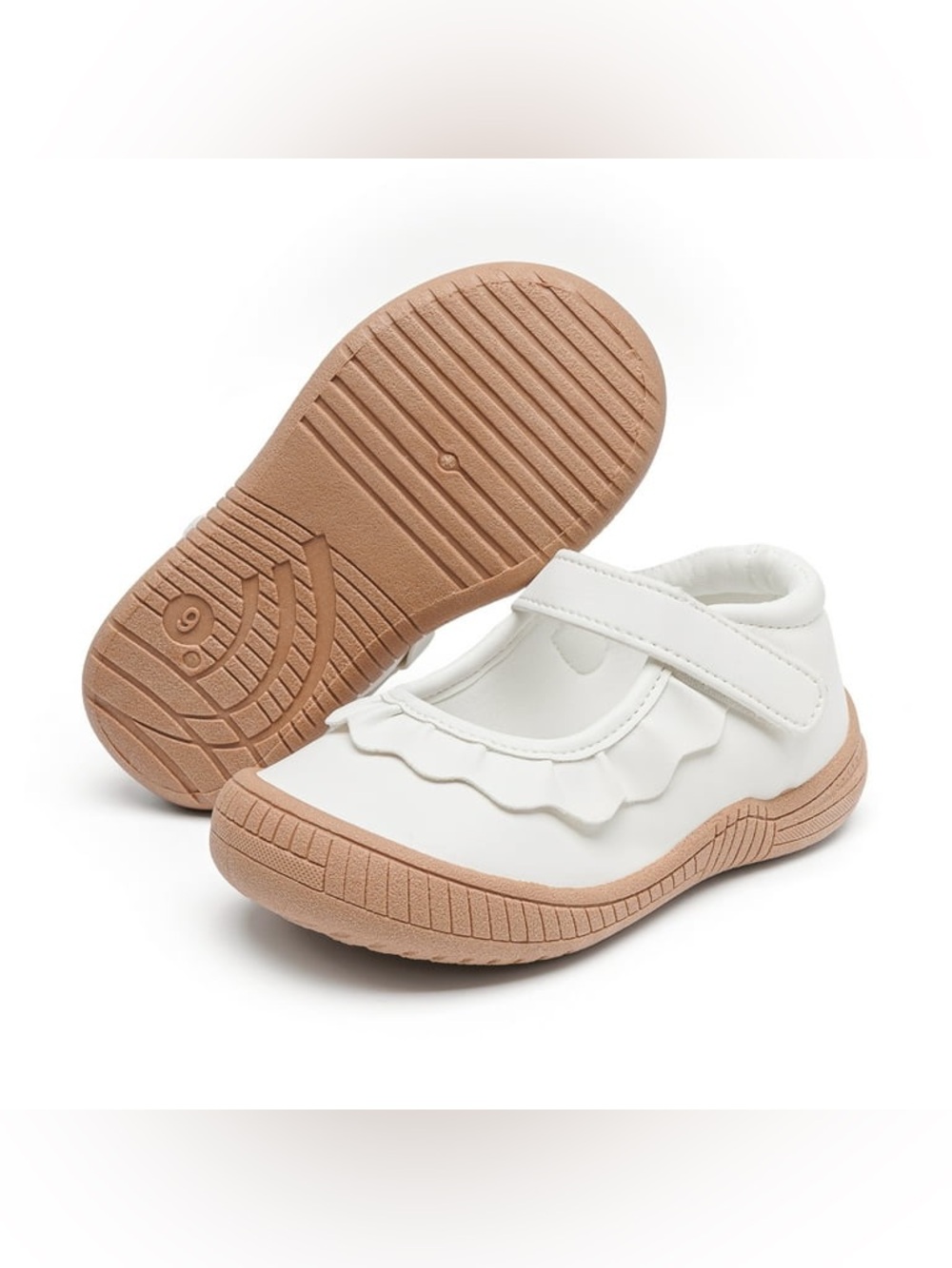 Toddler Girls White Mary Jane Shoes Faux Leather Ruffle Trim Velcro Size 8